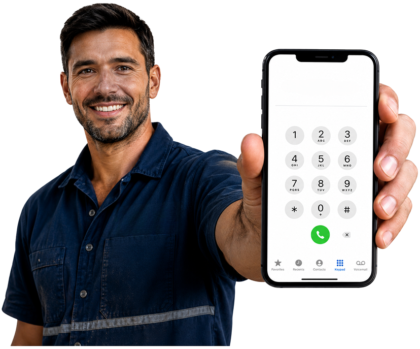 Nelson Blocked Drains plumber holding a phone — call 1300 261 965
