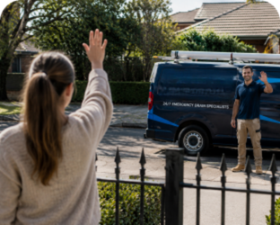 Customer waving goodbye to a Nelson Blocked Drains plumber